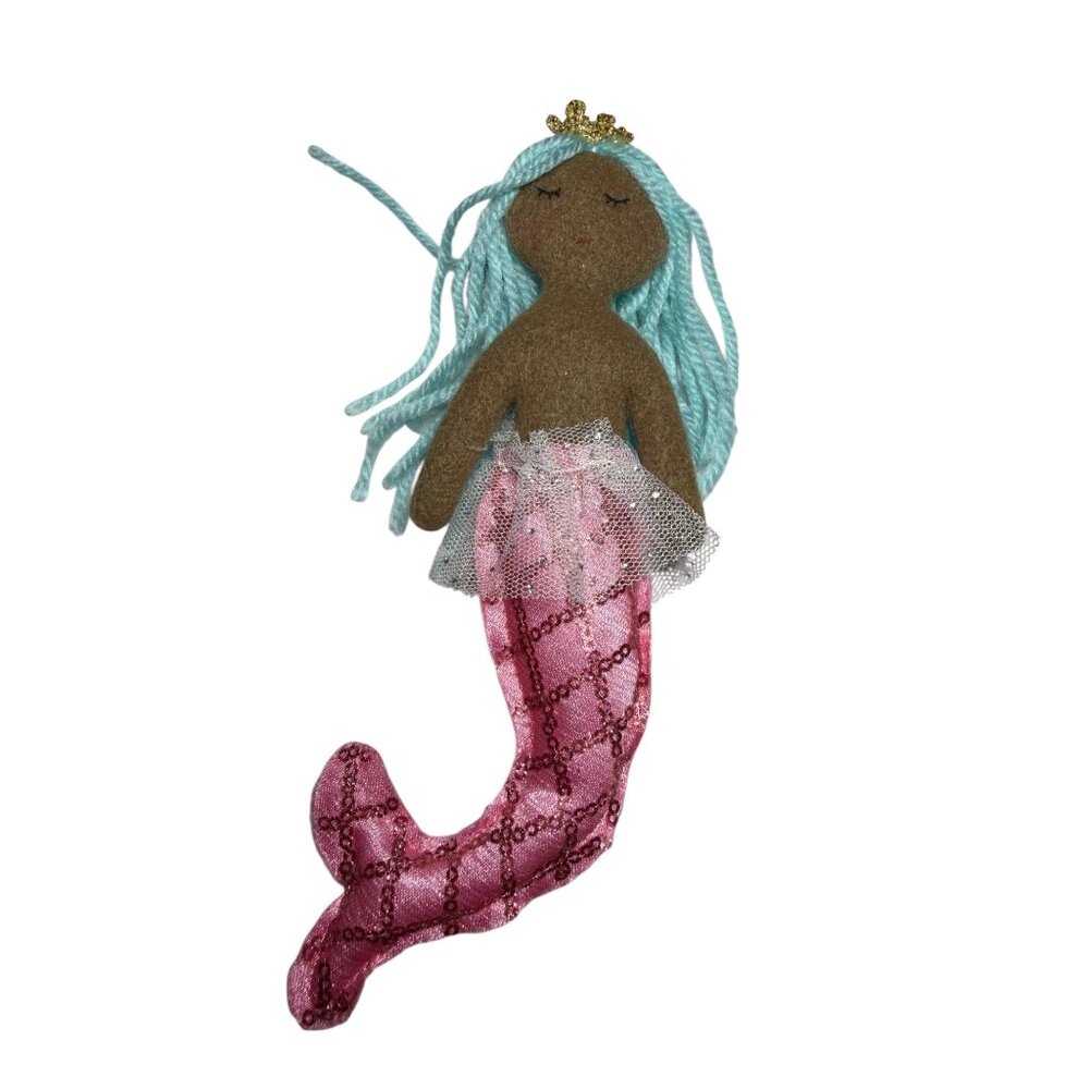 Mermaid Doll Christmas Ornament W Pink Sequin Tail Blue Yarn Hair & Gold Crown